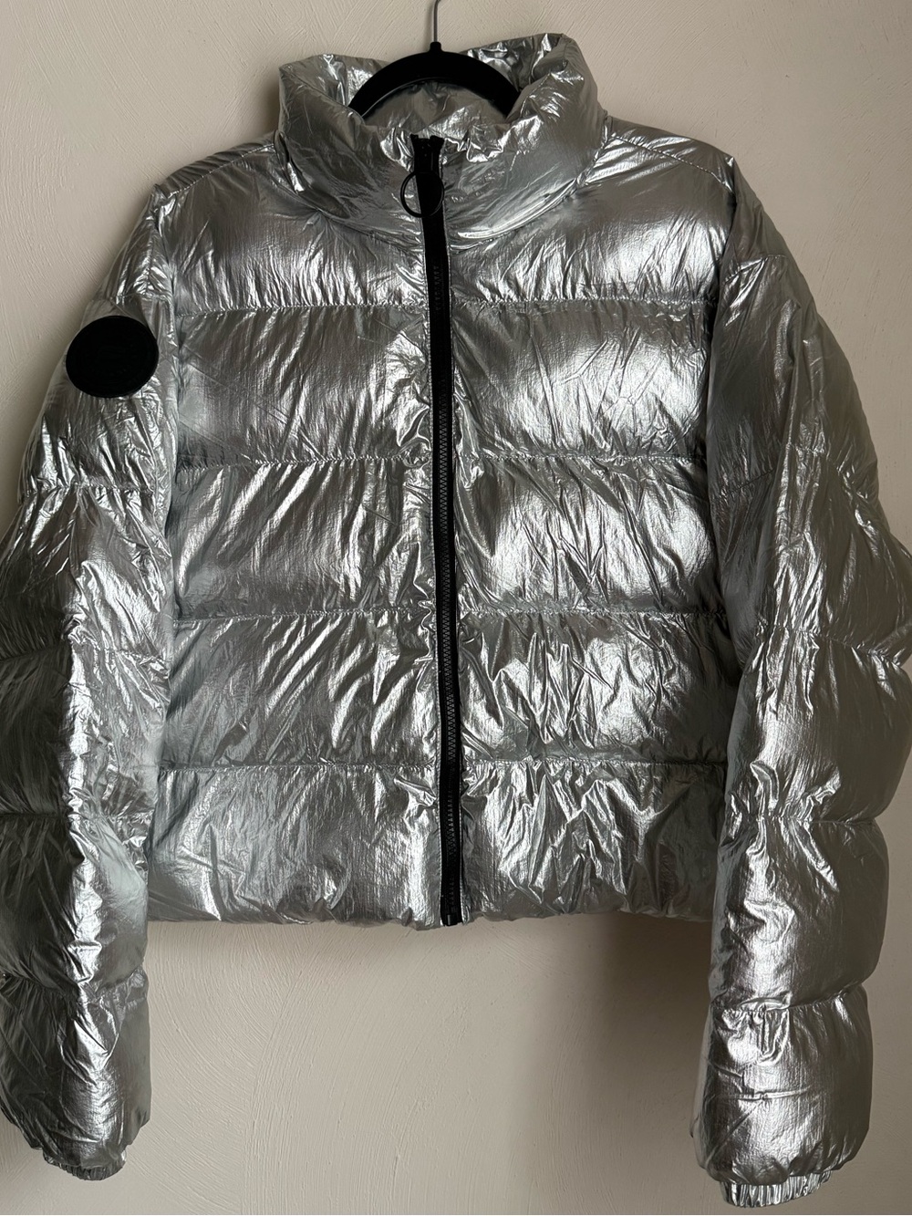 Fabletics Metallic Silver Cropped Puffer Jacket
